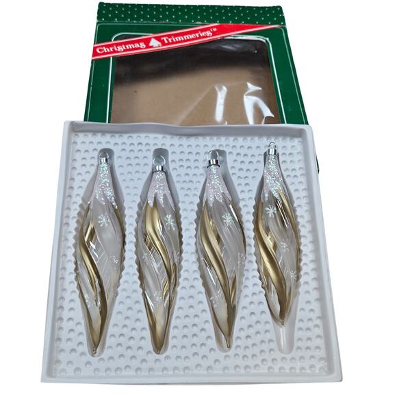 VTG Box Bradford Clear Gold White Glitter Icicle Drop GLASS Christmas Ornaments - Picture 1 of 7
